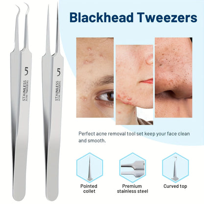12pcs Blackhead Tools,Pimple Popper Tool Kit, Quick and Easy of and Blackheads,Precise Eyebrow Tweezers for Facial Hair women