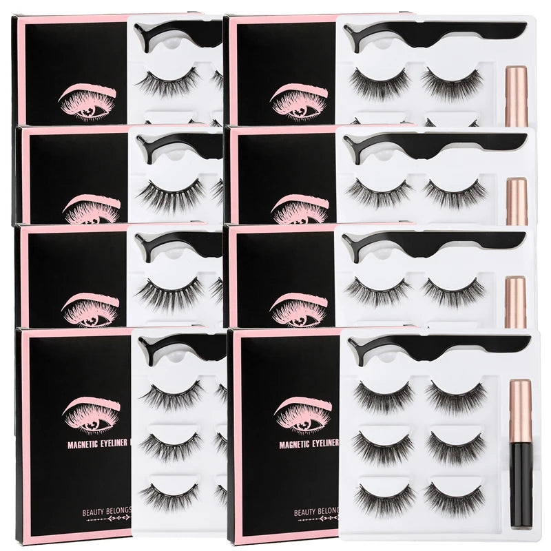 Hot 1/3Pairs Magnetic Eyelashes Soft False Lashes Repeated Use Mink Lashes Waterproof Liquid Eyeliner Tweezer Eyelash Makeup Set