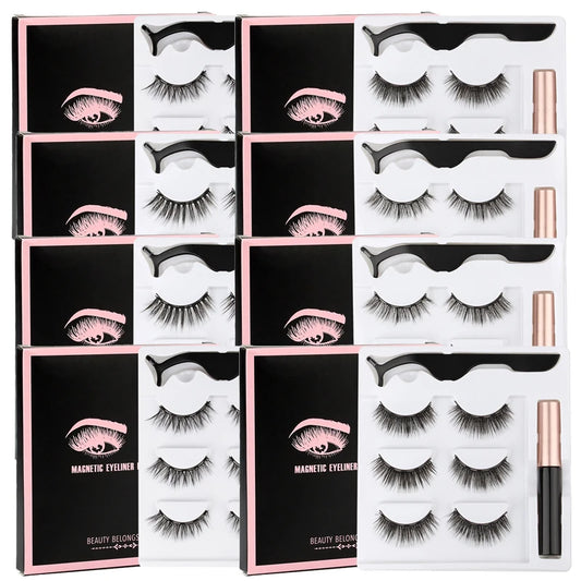 Hot 1/3Pairs Magnetic Eyelashes Soft False Lashes Repeated Use Mink Lashes Waterproof Liquid Eyeliner Tweezer Eyelash Makeup Set