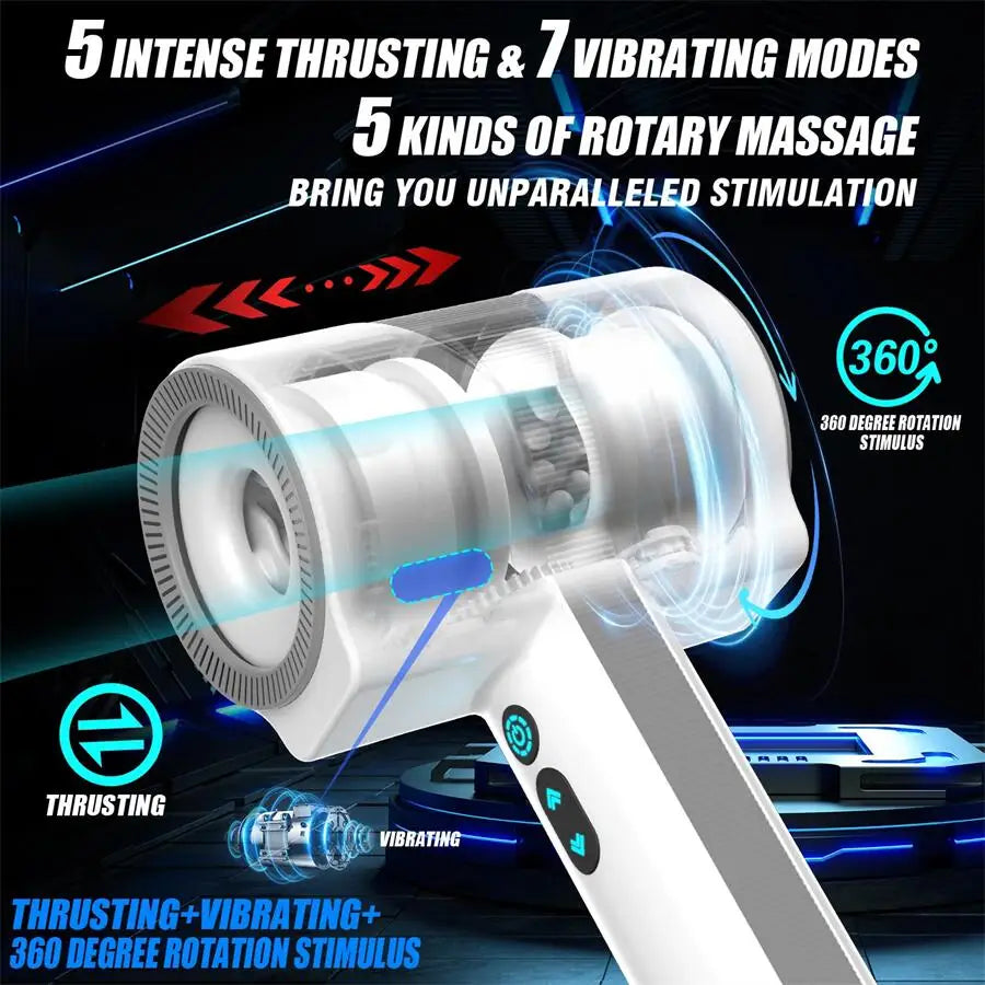 Men's masturbator with 7 types of vibration, 5 types of thrust, and 5 types of rotation. Dual inner chambers are soft and comfor