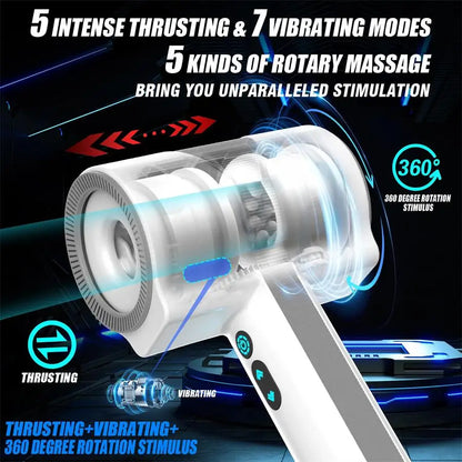 Men's masturbator with 7 types of vibration, 5 types of thrust, and 5 types of rotation. Dual inner chambers are soft and comfor