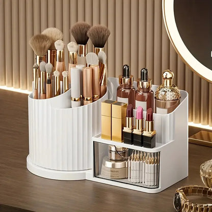 360° Rotating Makeup Organizer with Brush Holder & Drawer Desktop Large Capacity Skincare Cosmetic Tools Lipstick Display Cases