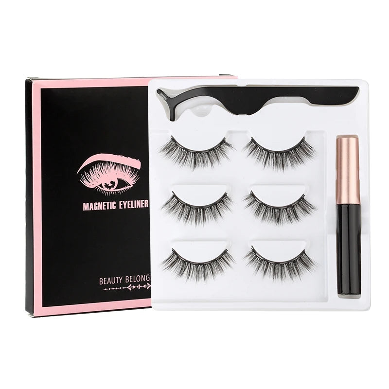 Hot 1/3Pairs Magnetic Eyelashes Soft False Lashes Repeated Use Mink Lashes Waterproof Liquid Eyeliner Tweezer Eyelash Makeup Set