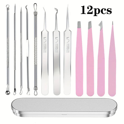 12pcs Blackhead Tools,Pimple Popper Tool Kit, Quick and Easy of and Blackheads,Precise Eyebrow Tweezers for Facial Hair women