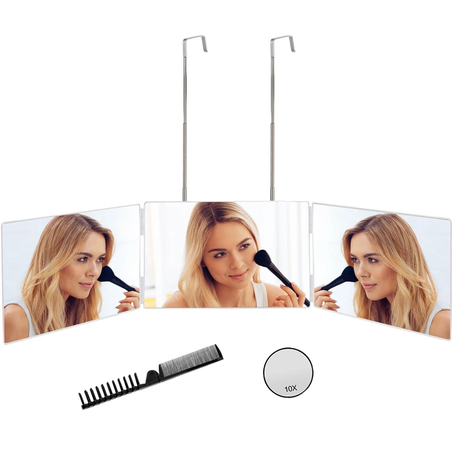 360 Trifold Vanity Makeup Mirrors with Height Adjustable Telescoping Hook for Hair Self Cutting Travel Portable Cosmetic Mirror
