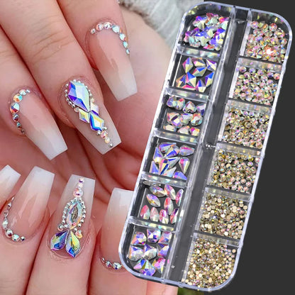 12Grids Mixed-Shape Crystal Nail Art Rhinestones Pink/Red Flatback Nail Gems Luxury Diamond Glass Stones Manicure Decoration