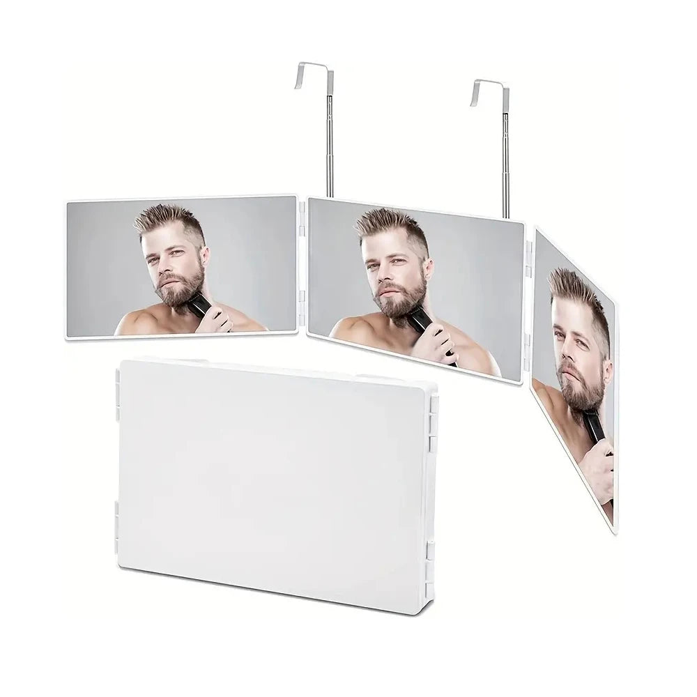 360 Trifold Vanity Makeup Mirrors with Height Adjustable Telescoping Hook for Hair Self Cutting Travel Portable Cosmetic Mirror