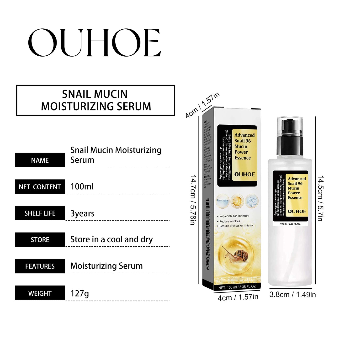 OUHOE Snail 96 Mucin Moisturizing Serum Deep Hydration Lock Winter Barrier Protection Gentle Care Nourishing Skin Quickly Absorb