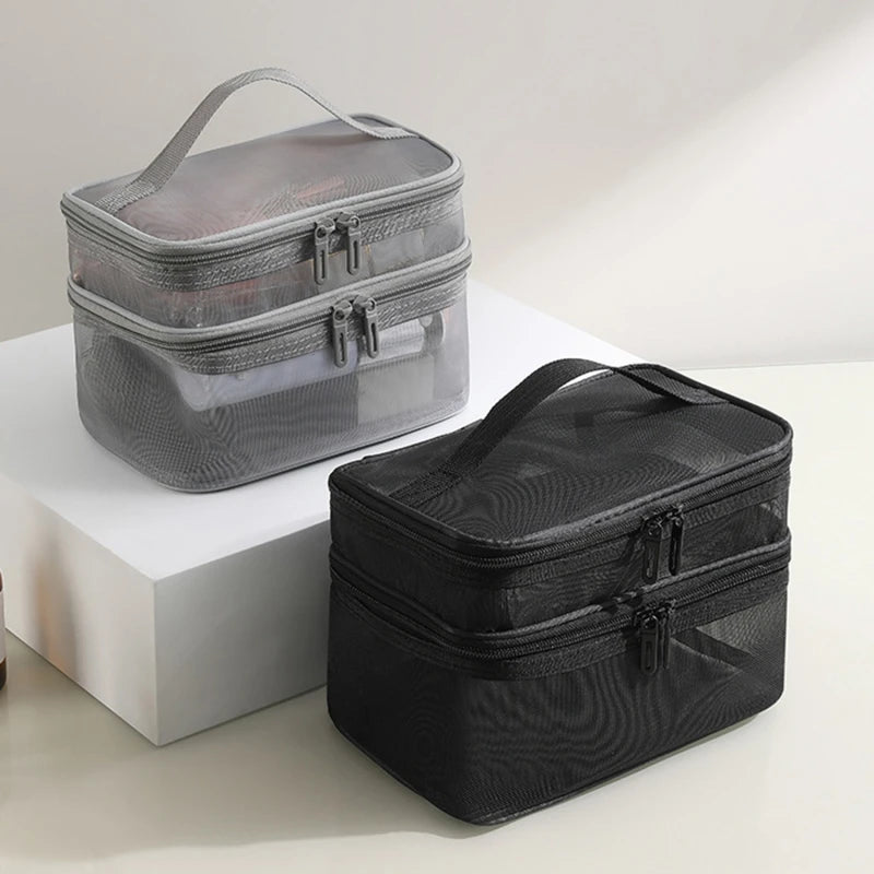 Travel 2 Layers Cosmetic Organizer Bag Transparent Folding Mesh Zipper Storage Pouch Large Capacity Makeup Wash Kit Bag 2024