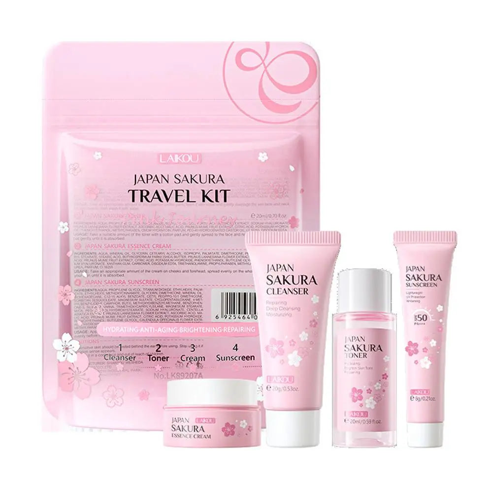 Sakura skin care sets with cleanser, serum, eye cream, facial cream, sunscreen beauty products for women, travel skin care kit