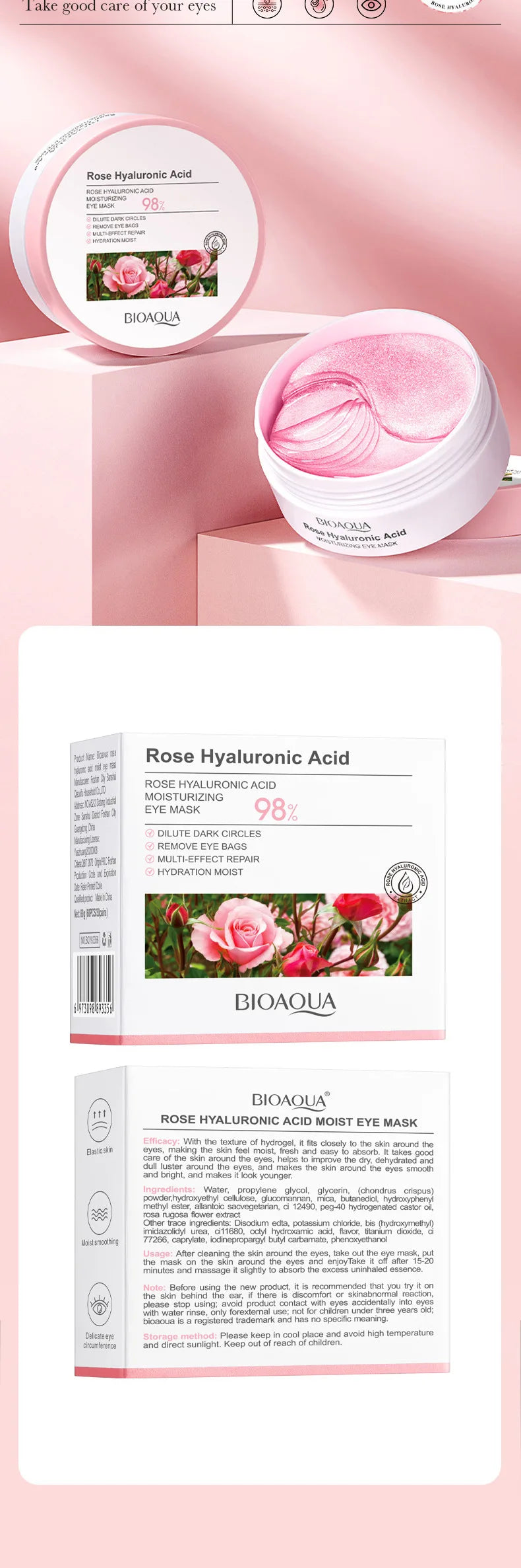 60pcs BIOAQUA Rose Hyaluronic Acid Eye Mask Anti Dark Circles Eye Bags Moisturizing Anti-Aging Eye Patches Skin Care Products
