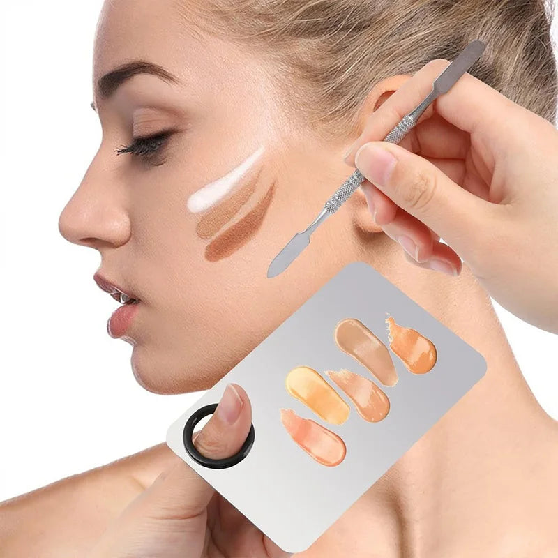 Stainless Steel Makeup Mixing Palette with Foundatio Spatula for Watercolor Paints Eye Shadow Sticks Makeup Cosmetic Beauty Tool
