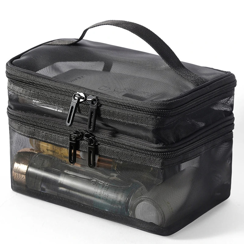 Travel 2 Layers Cosmetic Organizer Bag Transparent Folding Mesh Zipper Storage Pouch Large Capacity Makeup Wash Kit Bag 2024