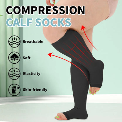 Legbeauty Plus Size Compression Socks Women Wide Calf Open Toe Graduated Medical Support Stockings Toeless Flight Pressure Socks