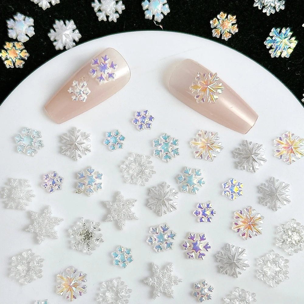 50Pcs White Snowflake Nail Charms Mix Colorful Gems Aurora Winter Snowflake Nail Rhinestones Flat Back  Xmas Manicure Supplies