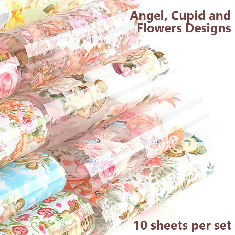 10Pcs Angel Nail Foil Stickers Starry Sky & Flower Nail Art Decals Sliders Wraps for DIY Nail Decoration