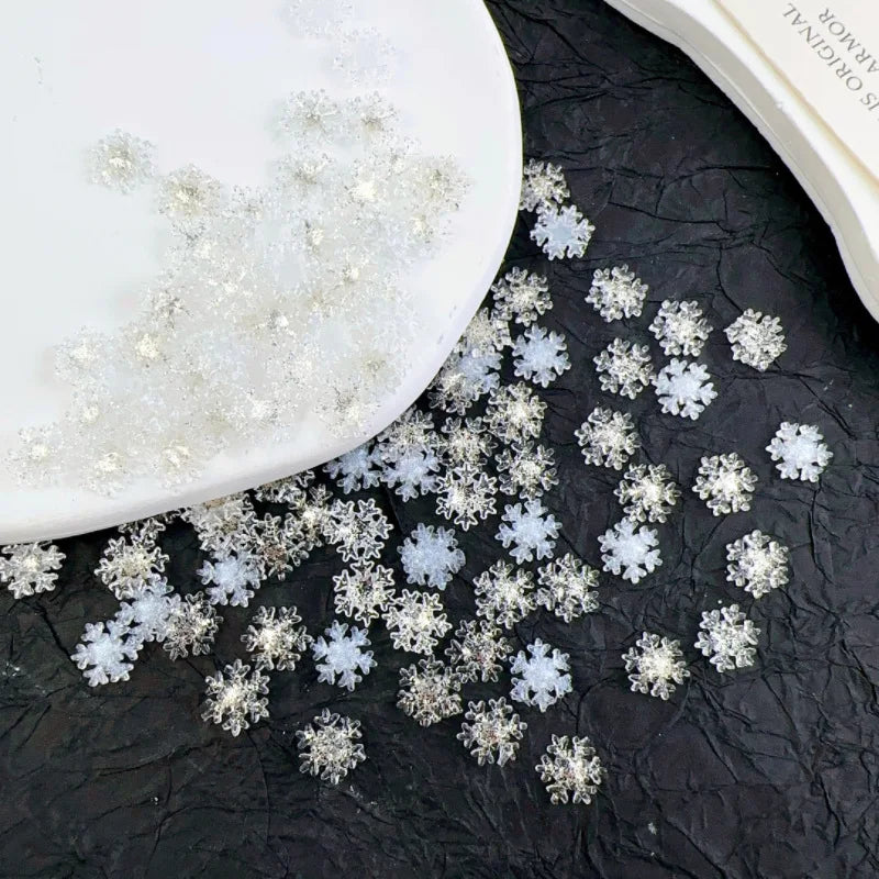 50Pcs White Snowflake Nail Charms Mix Colorful Gems Aurora Winter Snowflake Nail Rhinestones Flat Back  Xmas Manicure Supplies