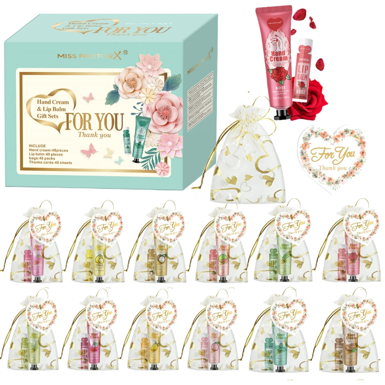 Gift set 48 sets/box, 12 kinds of scented lip balm and hand cream set with mesh bag and thank you card party gift