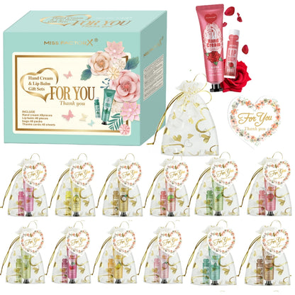 Gift set 48 sets/box, 12 kinds of scented lip balm and hand cream set with mesh bag and thank you card party gift