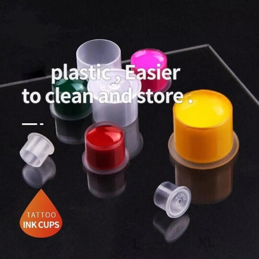 100Pcs Disposable Tattoo Ink Cups with Base - 4 Sizes Clear Plastic Pigment Caps for Tattoo Supplies PMU