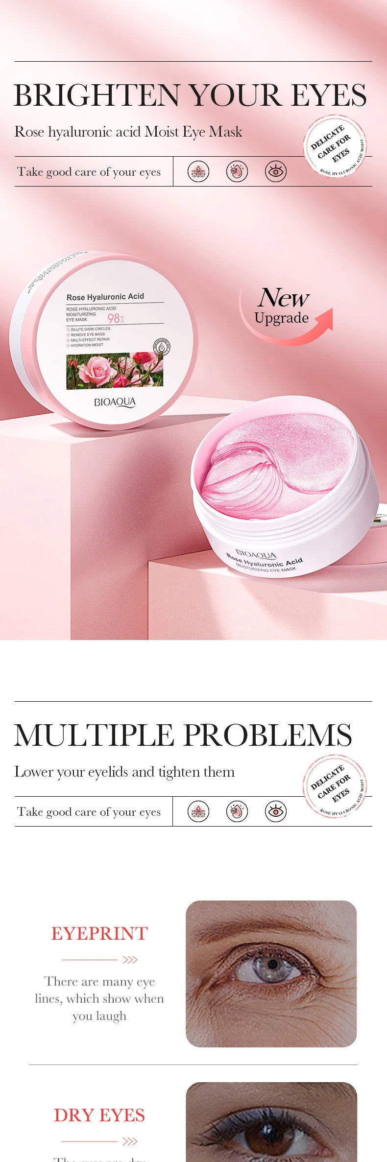 60pcs BIOAQUA Rose Hyaluronic Acid Eye Mask Anti Dark Circles Eye Bags Moisturizing Anti-Aging Eye Patches Skin Care Products