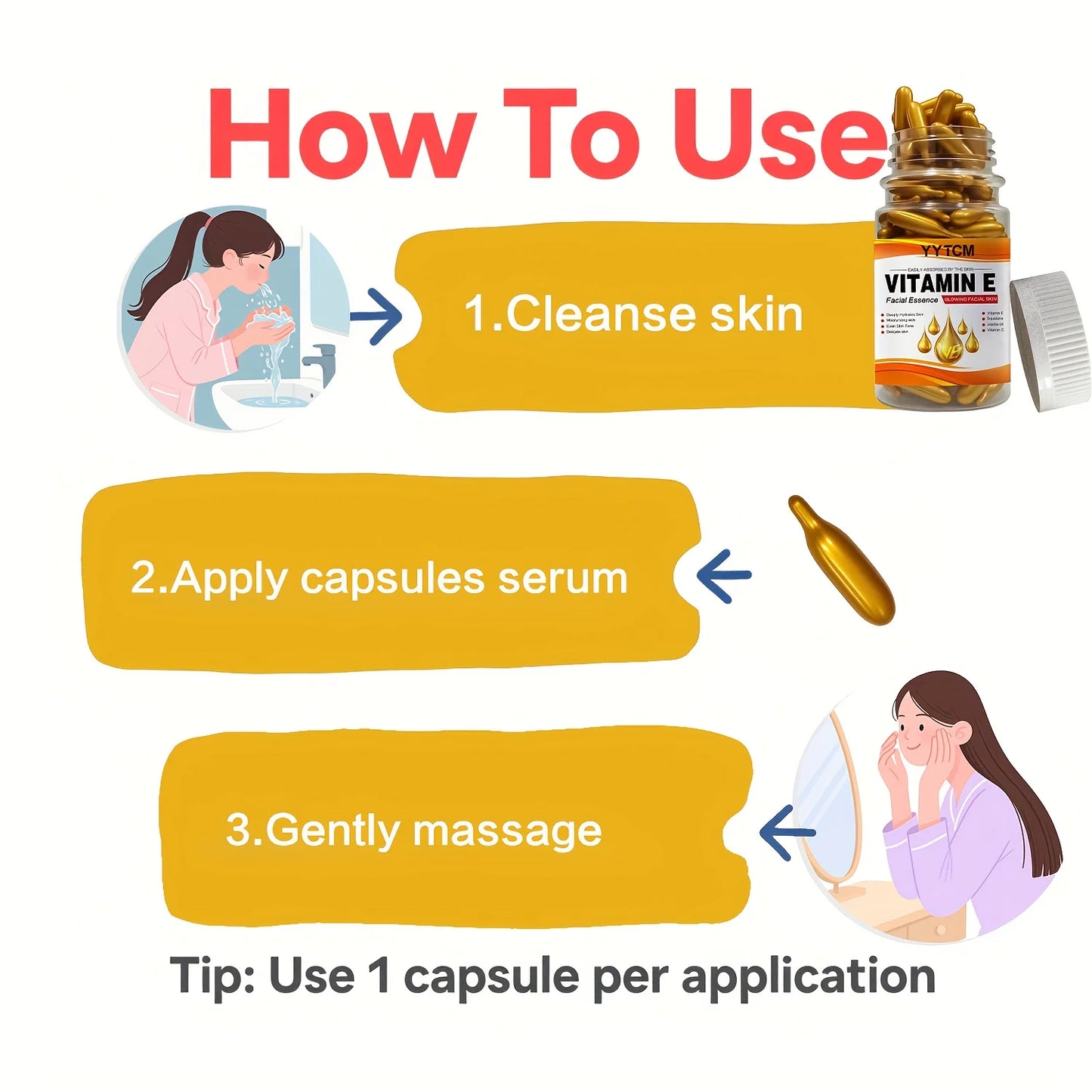 Vitamin E Deep Moisturizing Capsule Essence, Hydrates and Smoothes the Skin, Contains Plant-Based Squalane, Vitamin C, Deep Hydrating and Brightening Skin Essence (0.4g X 90 Capsules)/Bottle-1 Bottle