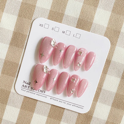 10Pcs Cat Eye Press on Nails Handmade Acrylic Fake Nail Full Cover Reusable Almond Pink Press ons Artificial Tips Women Glitter