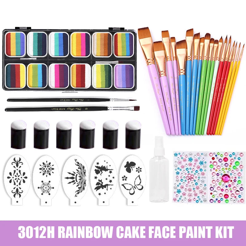 Professional Water Activated 12 Colors Rainbow Cake Face Painting Set With Brush Body Art Makeup Kit For Kids Halloween Chrismas