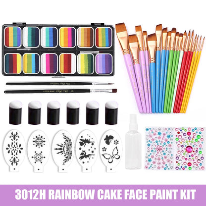 Professional Water Activated 12 Colors Rainbow Cake Face Painting Set With Brush Body Art Makeup Kit For Kids Halloween Chrismas