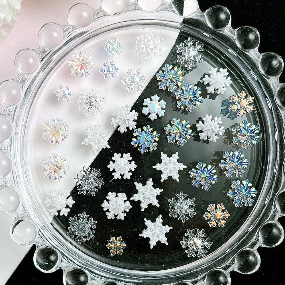 50Pcs White Snowflake Nail Charms Mix Colorful Gems Aurora Winter Snowflake Nail Rhinestones Flat Back  Xmas Manicure Supplies