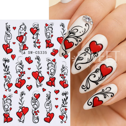 3pcs Valentine's Nail Art Stickers Red Love Heart Petals Leaf Simple Line Adhesive Nail Decals DIY Manicure Decoration Sliders