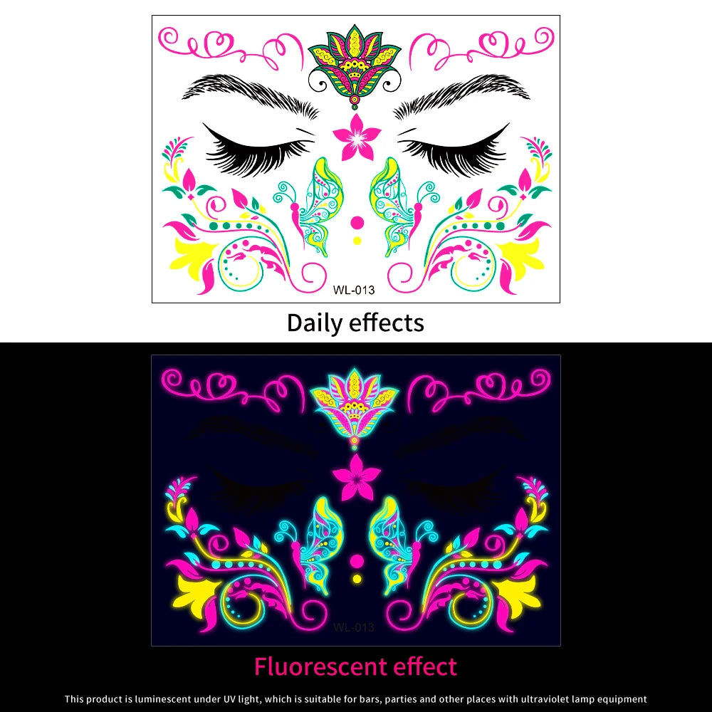 28Pcs Gold Glitter Powder Fluorescent Waterproof Face Tattoo 14x15cm Butterfly/Flowers Makeup Sticker DIY Party Neon Face Decal