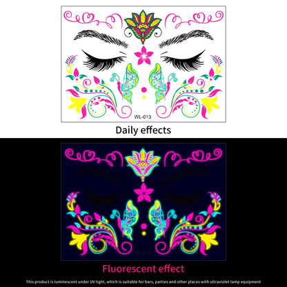 28Pcs Gold Glitter Powder Fluorescent Waterproof Face Tattoo 14x15cm Butterfly/Flowers Makeup Sticker DIY Party Neon Face Decal