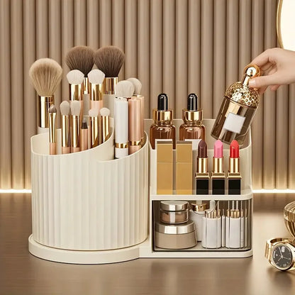 360° Rotating Makeup Organizer with Brush Holder & Drawer Desktop Large Capacity Skincare Cosmetic Tools Lipstick Display Cases