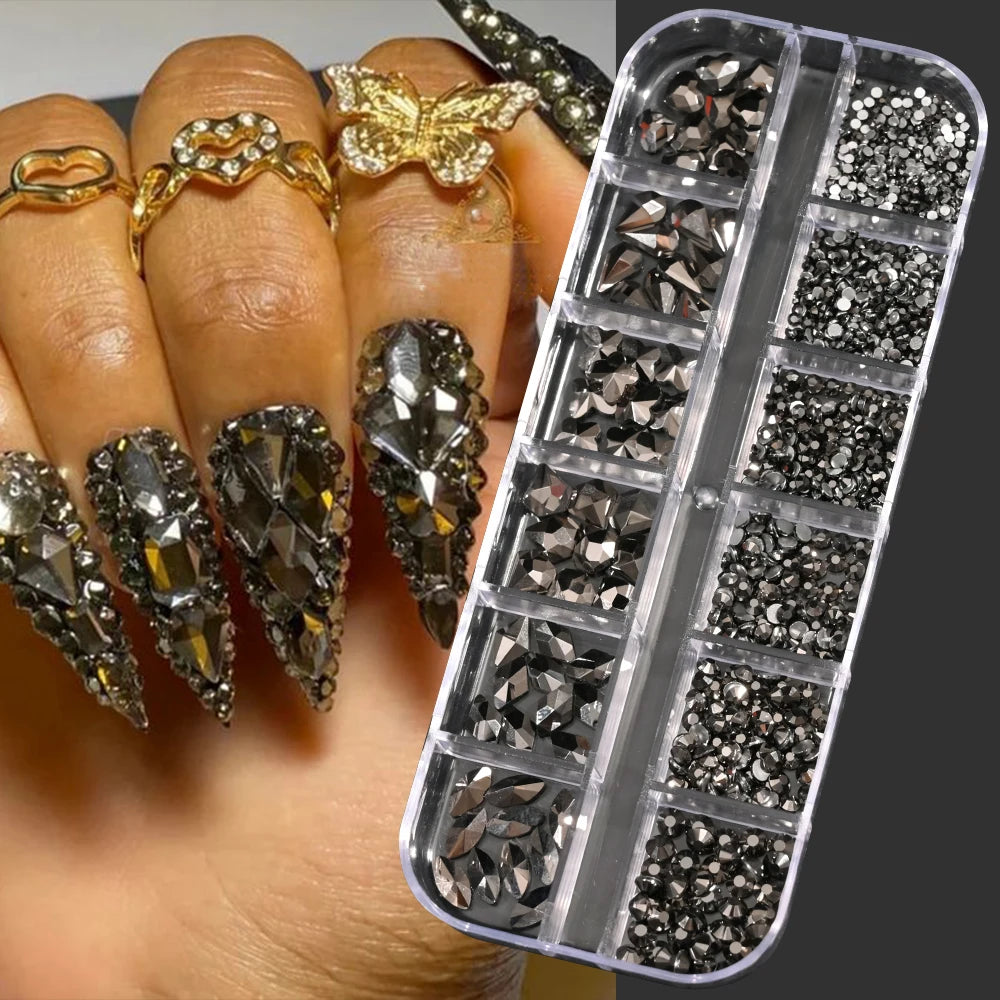 12Grids Mixed-Shape Crystal Nail Art Rhinestones Pink/Red Flatback Nail Gems Luxury Diamond Glass Stones Manicure Decoration