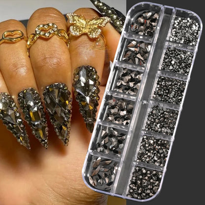 12Grids Mixed-Shape Crystal Nail Art Rhinestones Pink/Red Flatback Nail Gems Luxury Diamond Glass Stones Manicure Decoration