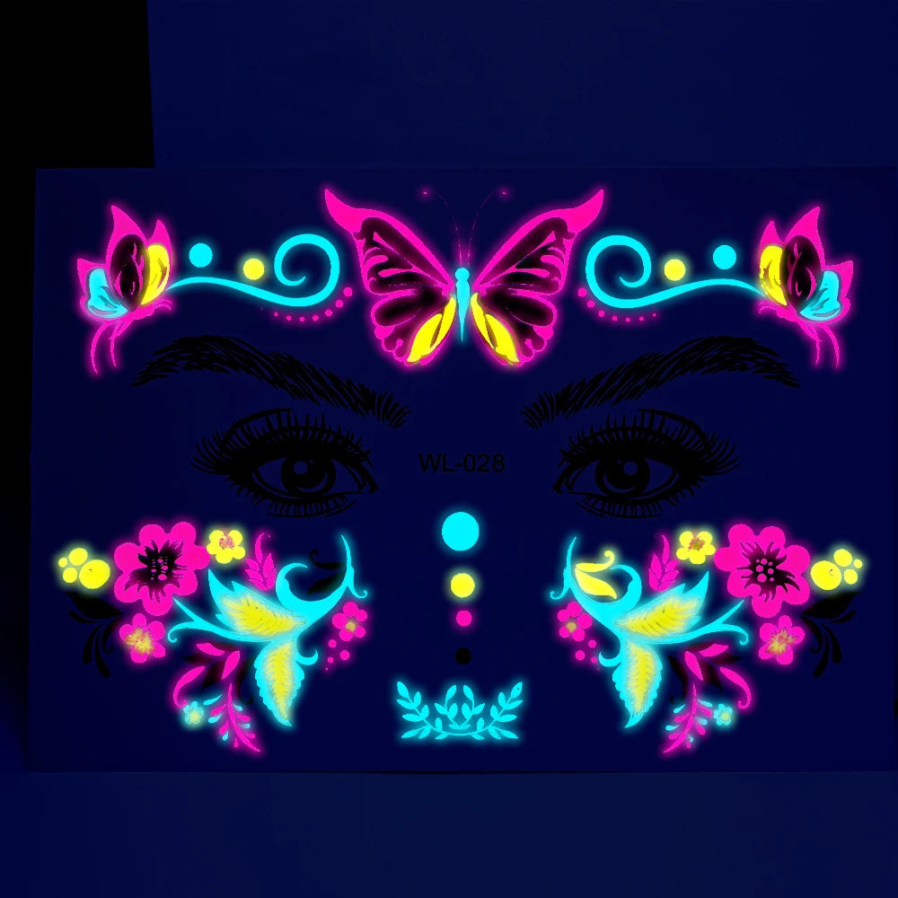 28Pcs Gold Glitter Powder Fluorescent Waterproof Face Tattoo 14x15cm Butterfly/Flowers Makeup Sticker DIY Party Neon Face Decal