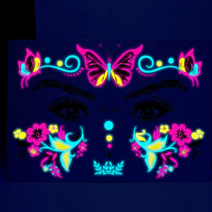 28Pcs Gold Glitter Powder Fluorescent Waterproof Face Tattoo 14x15cm Butterfly/Flowers Makeup Sticker DIY Party Neon Face Decal