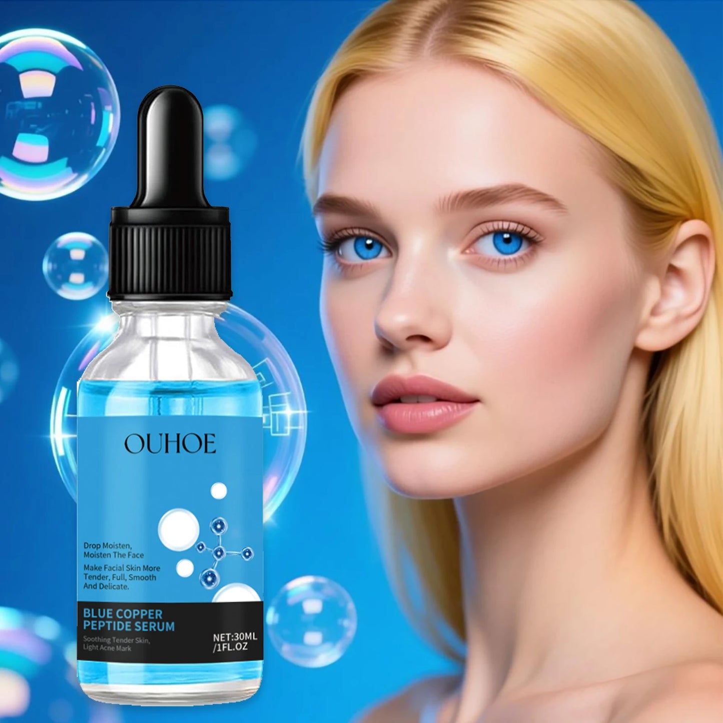 OUHOE Blue Copper Peptide Facial Serum Deep Moisturizing Lock in Water Making Skin Softer Restore Radiant for Daily Skin Care