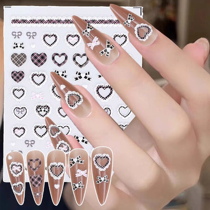 Japanese Bowknot Lace Heart Nail Stickers Self Adhesive Sweet Cool Pink Black Lace Nail Decals Cool Girls Manicure Decorations