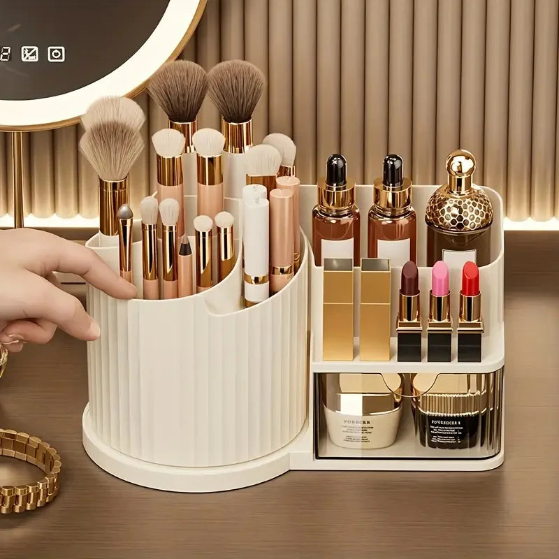 360° Rotating Makeup Organizer with Brush Holder & Drawer Desktop Large Capacity Skincare Cosmetic Tools Lipstick Display Cases