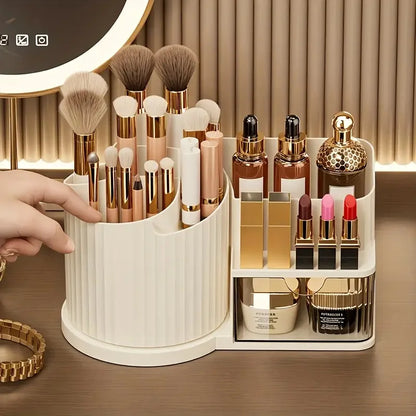 360° Rotating Makeup Organizer with Brush Holder & Drawer Desktop Large Capacity Skincare Cosmetic Tools Lipstick Display Cases