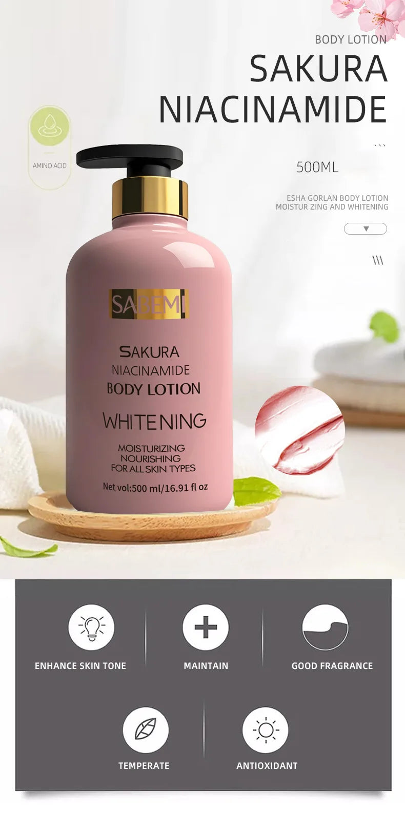 500ml Sakura Niacinamide Body Lotion Smooth Hydrating Improving Dry Moisturizer Whitening Skin Moisturizing Lotion Lightening