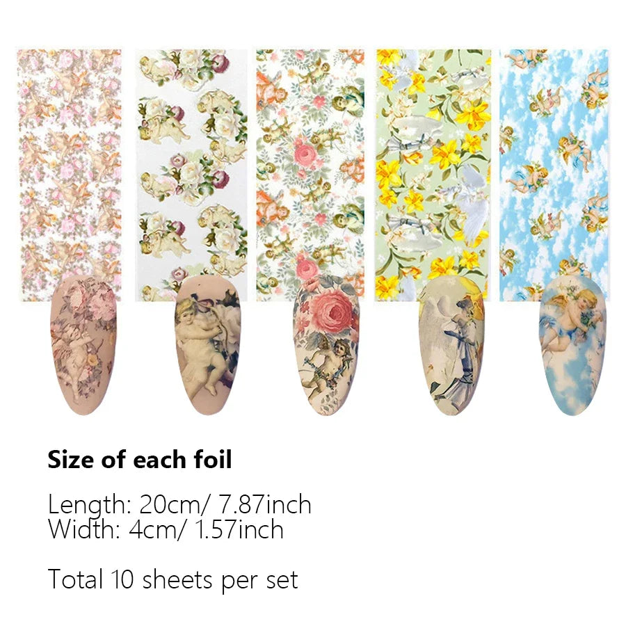 10Pcs Angel Nail Foil Stickers Starry Sky & Flower Nail Art Decals Sliders Wraps for DIY Nail Decoration