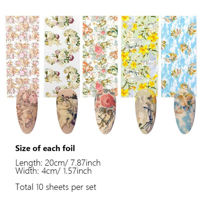 10Pcs Angel Nail Foil Stickers Starry Sky & Flower Nail Art Decals Sliders Wraps for DIY Nail Decoration