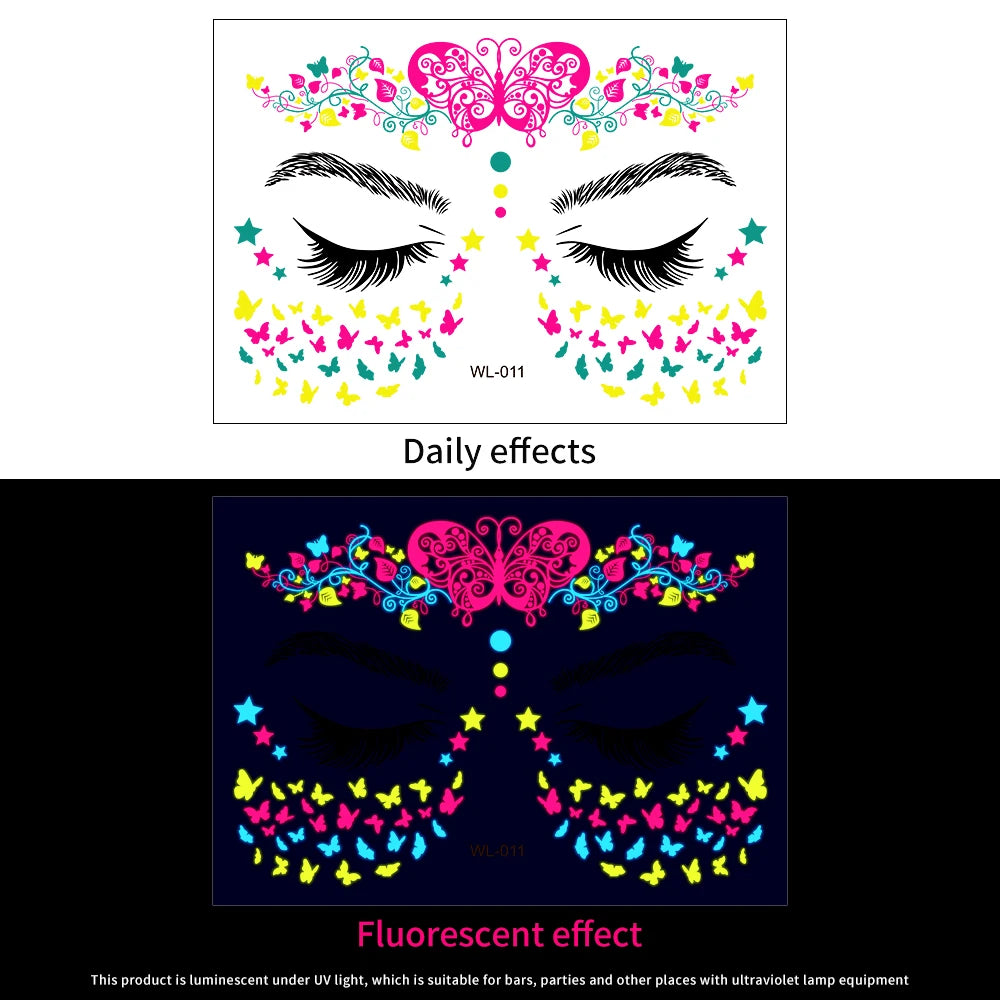 28Pcs Gold Glitter Powder Fluorescent Waterproof Face Tattoo 14x15cm Butterfly/Flowers Makeup Sticker DIY Party Neon Face Decal