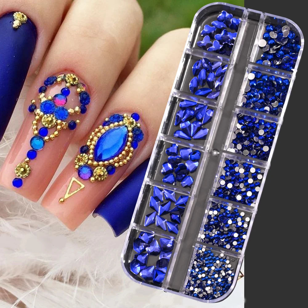 12Grids Mixed-Shape Crystal Nail Art Rhinestones Pink/Red Flatback Nail Gems Luxury Diamond Glass Stones Manicure Decoration