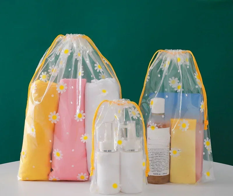 1pc Cute Cartoon Clear Drawstring Storage Bags Women Girls Transparent Bathroom Organizer Towel Brush Cosmetic Makeup Bags