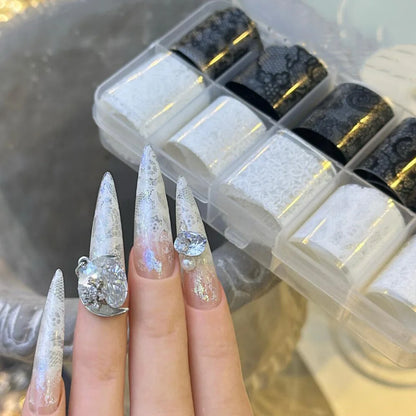 10 Rolls/Box New Black&White Lace Nail Transfer Stickers Sexy Lace Flower Full Wraps Nail Decals DIY French Manicure Decorations