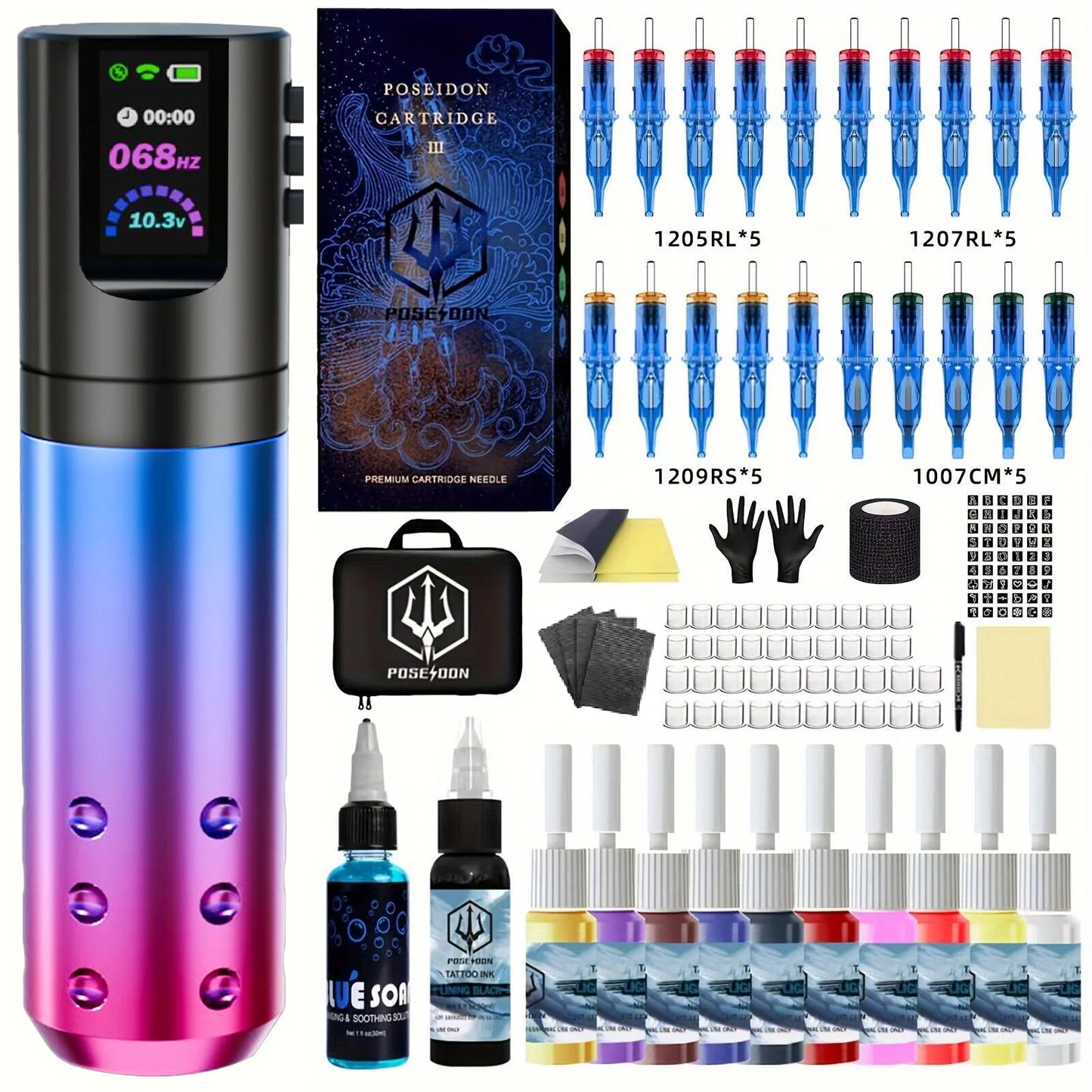 Tattoo Kit POSEIDON New Gradient Tattoo Pen Kit For Permanent Makeup Tattoo Machine Kit Wireless Tattoo Power Supply Tattoo Kit